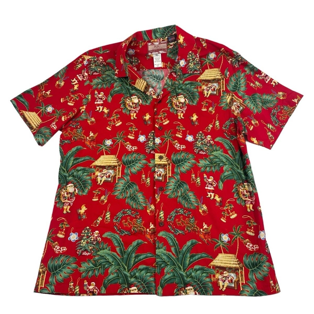 RJC Mens XL Red Christmas Santa Hawaiian Button Up Camp Shirt 102C Made in USA